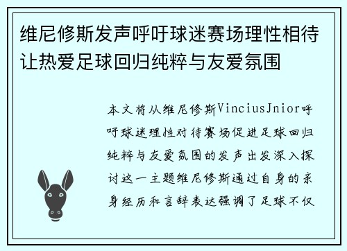 维尼修斯发声呼吁球迷赛场理性相待让热爱足球回归纯粹与友爱氛围 维尼修斯发声呼吁球迷赛场理性相待让热爱足球回归纯粹与友爱氛围