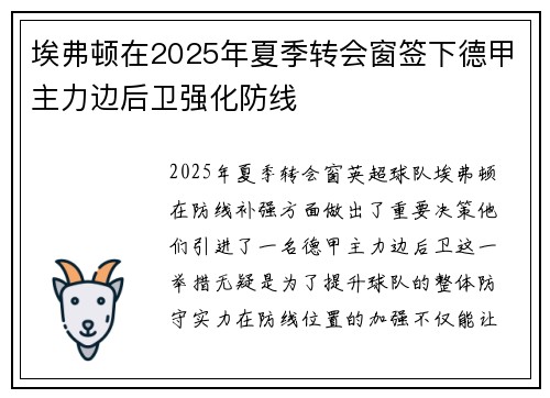 埃弗顿在2025年夏季转会窗签下德甲主力边后卫强化防线